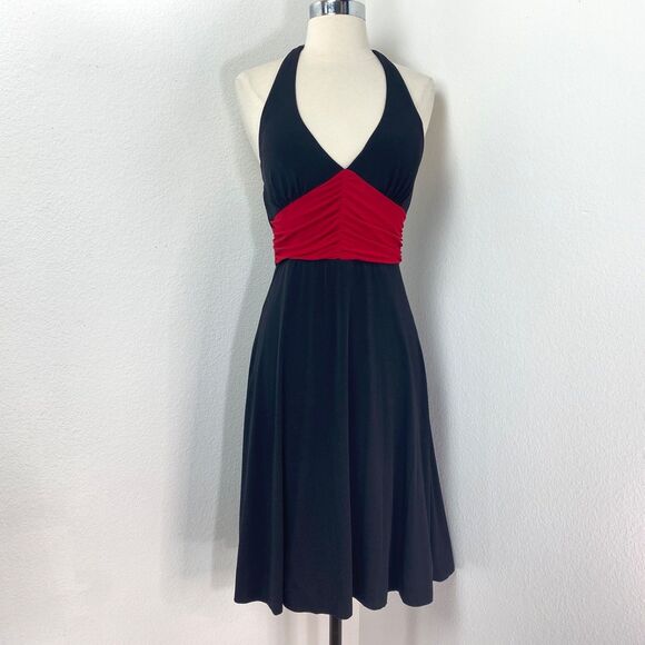 iz Buyer Black Halter Cocktail Dress Medium Red Ruched Waist Dance Party Clubbin - Picture 1 of 11